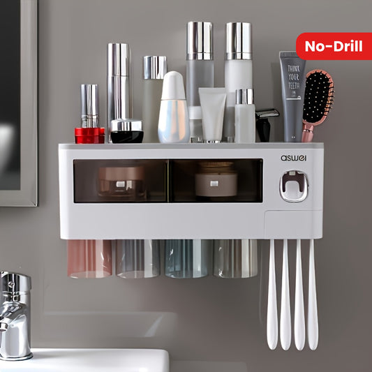 1pc Wall-Mounted Toothbrush Holder Set with Toothpaste Squeezer, Rack, Mouthwash Cup, and Brushing Cup - No-Drill Bathroom Organizer, Large Capacity, Plastic Material, Toothbrush Stand, Bathroom Storage Box