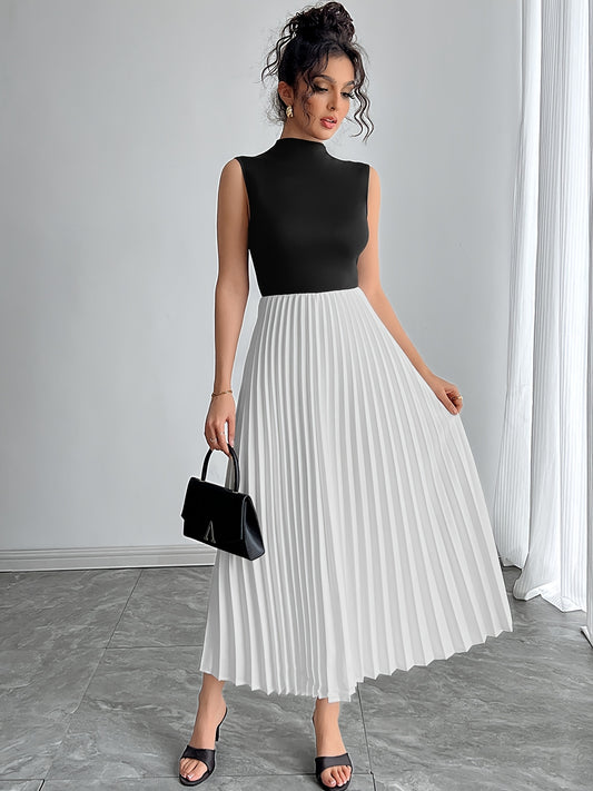 Women's Black and White Two-Tone dresses - Sleeveless flared skirt, Formal & Casual Outfits, Machine Washable Elegant Women's Dresses for Parties, Office, Casual Attire