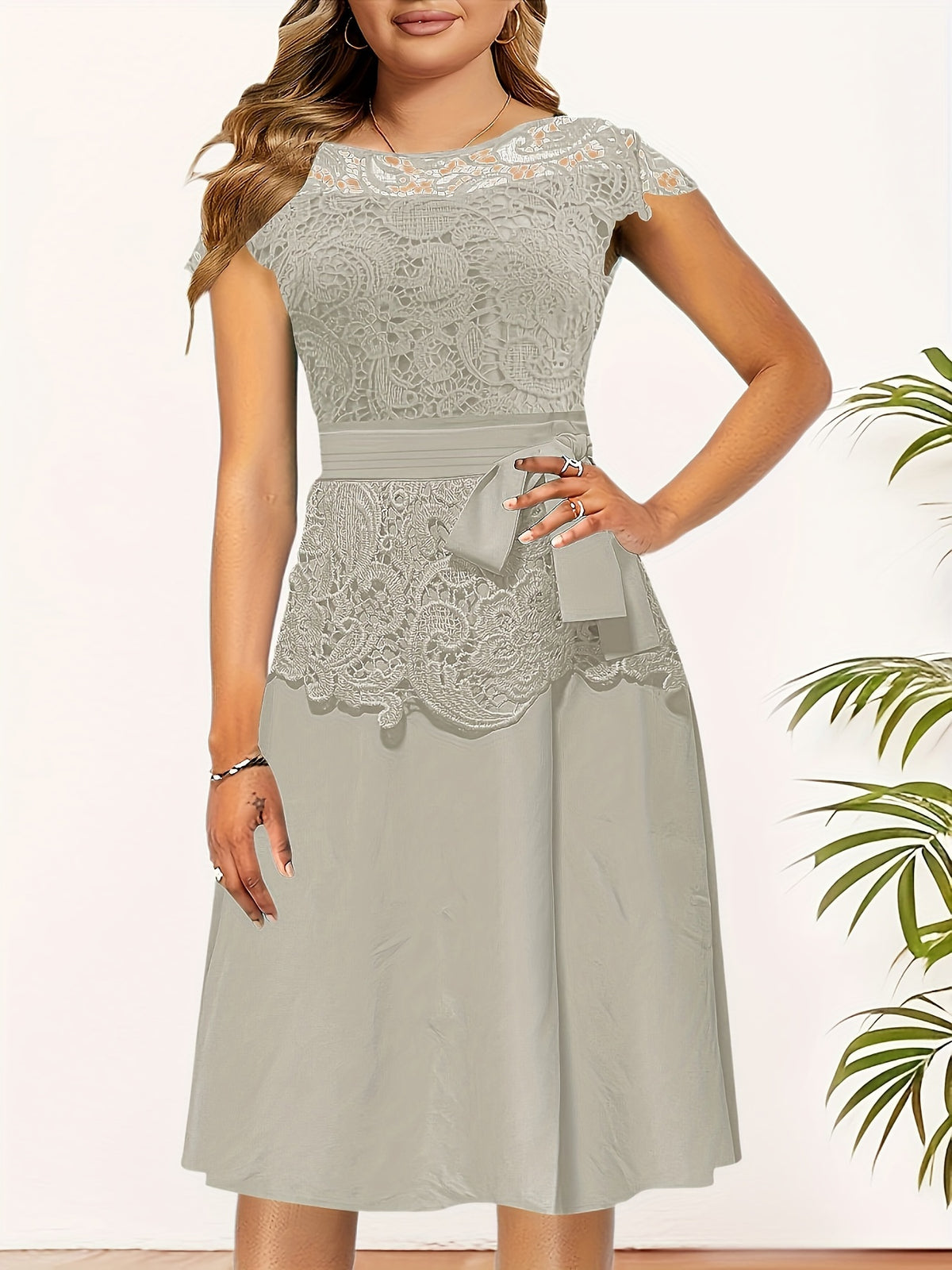 Women's Elegant Contrast Lace Panel A-Line Dress - Round Neck Short Sleeve Flared Skirt, Machine Washable Solid Black for Spring/Fall Casual & Formal Occasions, Spring Fall Attire, Sophisticated Tailoring