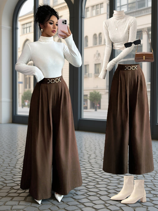 Women's High-Waisted Wide-Leg Pants with Metal Chain Detail