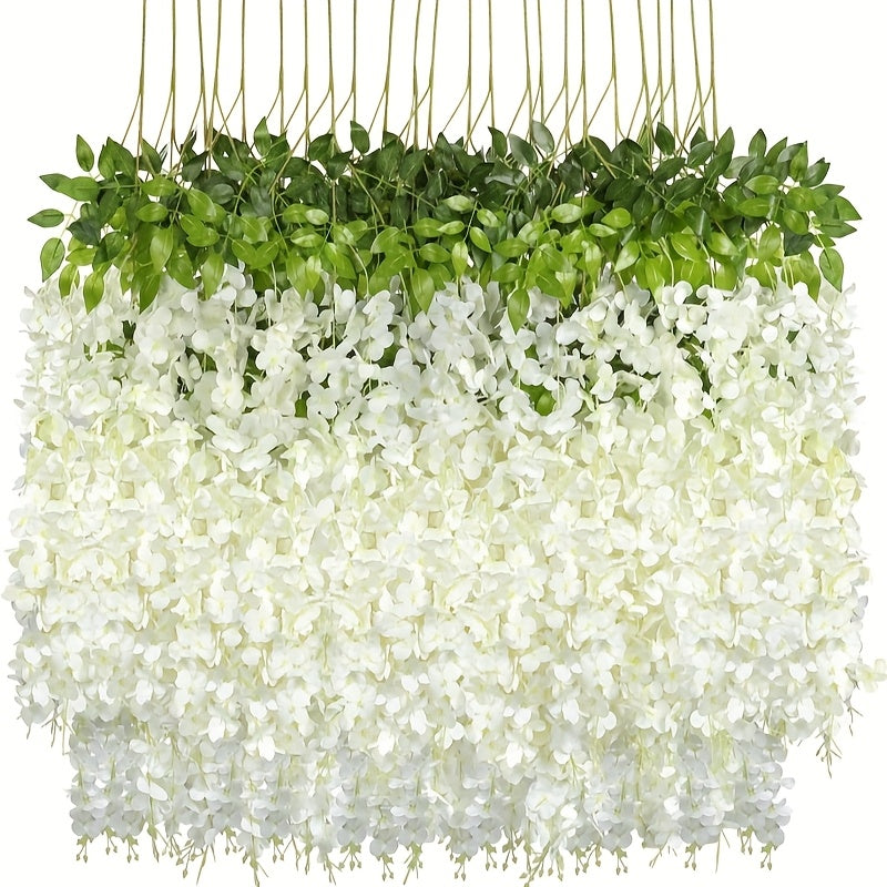 12-Pack Artificial White Wisteria Hanging Flowers, Outdoor Faux Greenery for Weddings, Parties, Hotels, Birthdays, Festive Decorations, Garden Wall and DIY Table Arrangements - Perfect for Summer & Autumn Thanksgiving Romantic Wedding Season with Leaves,