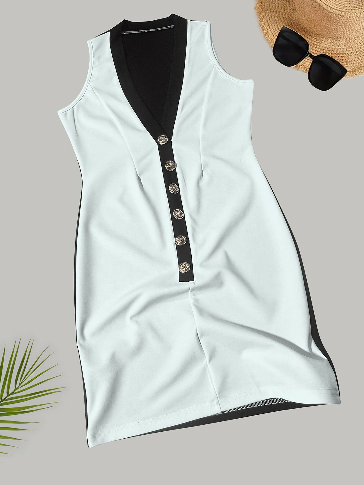 Chic Deep V Constract Trim Buttons Sleeveless Bodycon Dress
