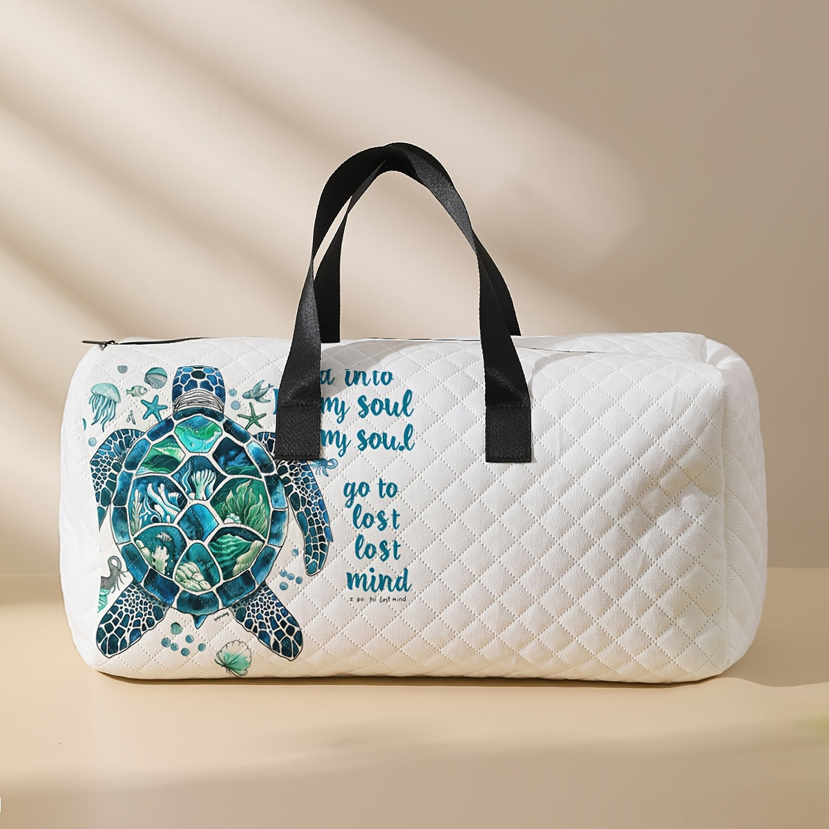 Cartoon turtle pattern printed handbag, grid large capacity travel luggage bag, portable overnight bag, fashionable travel bag, yoga training bag, portable crossbody bag with shoe storage