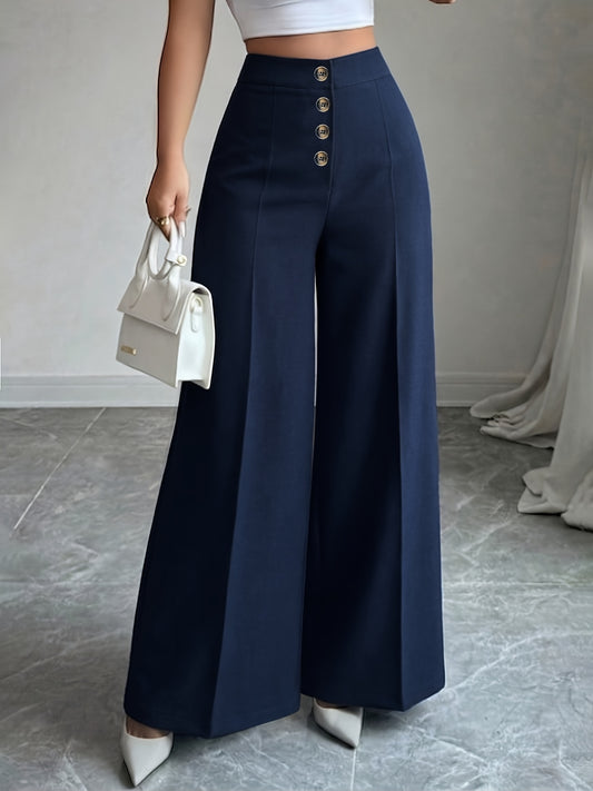 Women's New High Waisted Blue Straight Leg Pants with a Single Breasted Front, Simple, Elegant and Fashionable Pants