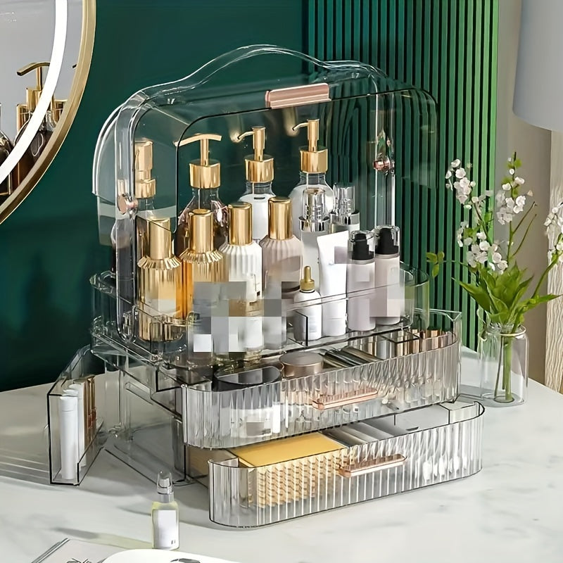 1pc Luxurious Desktop Storage Box, Multifunctional Dustproof Storage Box With Drawer & Lid, Large Capacity Acrylic Cosmetic Storage Box, Home Storage And Organization, Makeup Organizer, Vanity Organizer