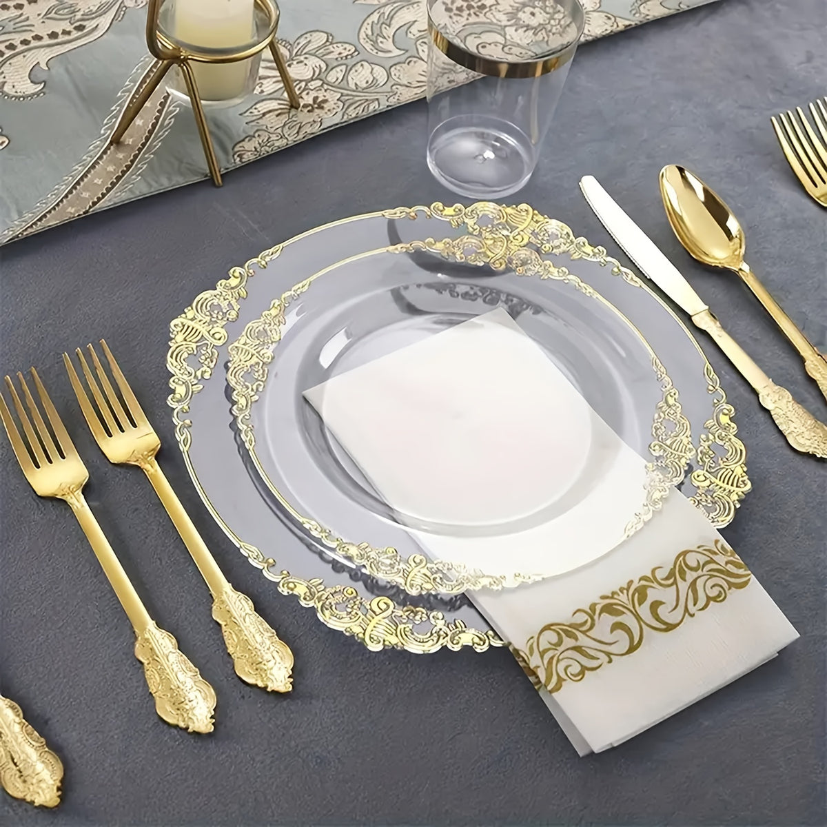 70pcs Disposable Clear Plastic Cutlery Set, Court Style Golden Trim Party Plates for 10 Guests, Includes Plates, Snack Plates, 10Oz Cups, Cutlery, And Napkins, Perfect for Parties, Gatherings, And Weddings