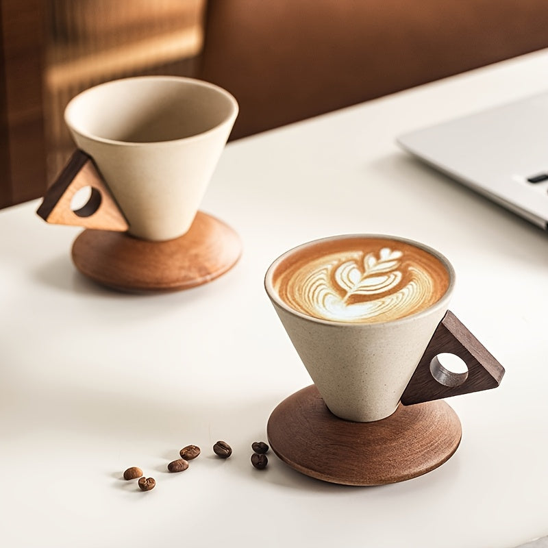 1pc 100ml/250ml Handcrafted Ceramic Coffee Cup with Wide Mouth for Latte Art, Funnel-Shaped Heat-Resistant Wooden Handle and Solid Wood Coaster, Premium for Home, Office, or Café Use, Ideal for Gifting