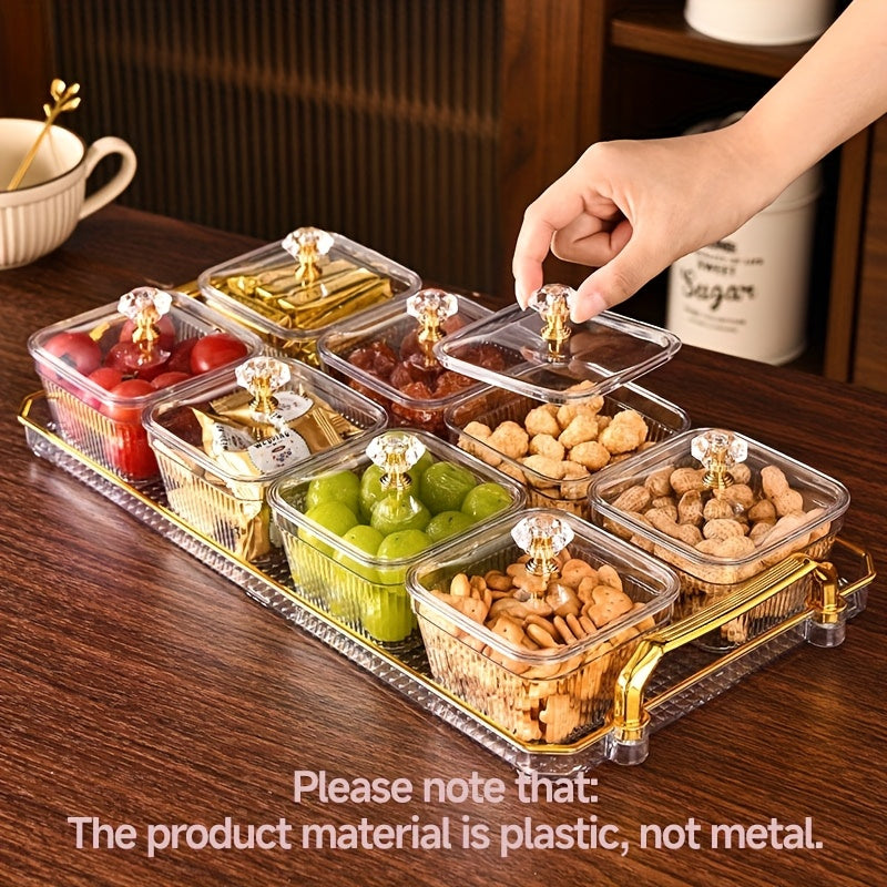 A Snack Tray with 8 Compartments Made of Food-Safe Plastic, Suitable for Nuts, Fruits, Candies, And Chips - Elegantly Decorated in Golden for Home Entertainment, Party Snack Table Decor, And a Golden-Plated Serving Tray.