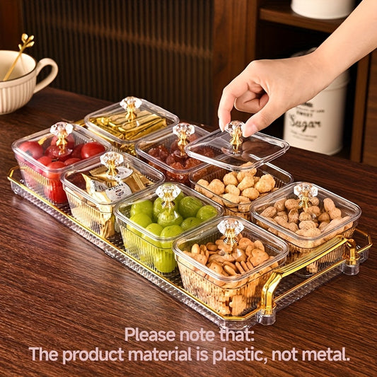 A Snack Tray with 8 Compartments Made of Food-Safe Plastic, Suitable for Nuts, Fruits, Candies, And Chips - Elegantly Decorated in Golden for Home Entertainment, Party Snack Table Decor, And a Golden-Plated Serving Tray.