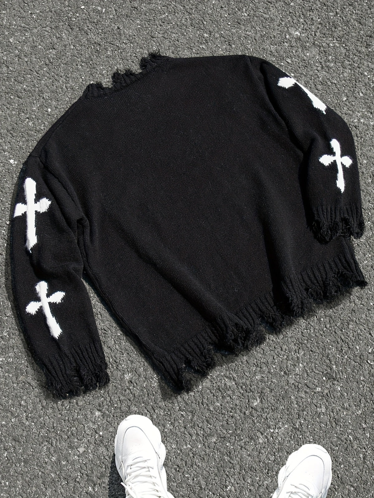 Men's Gothic Style Oversized Knit Sweater with White Cross Cutouts - Black Torn Detailing & Frayed Hem, Loose Fit Round Neck Long Sleeve Winter Pullover for Casual Outfits, Layering Essential (Hand Washable) - Edgy Streetwear Sweater for Men, Relaxed Fit