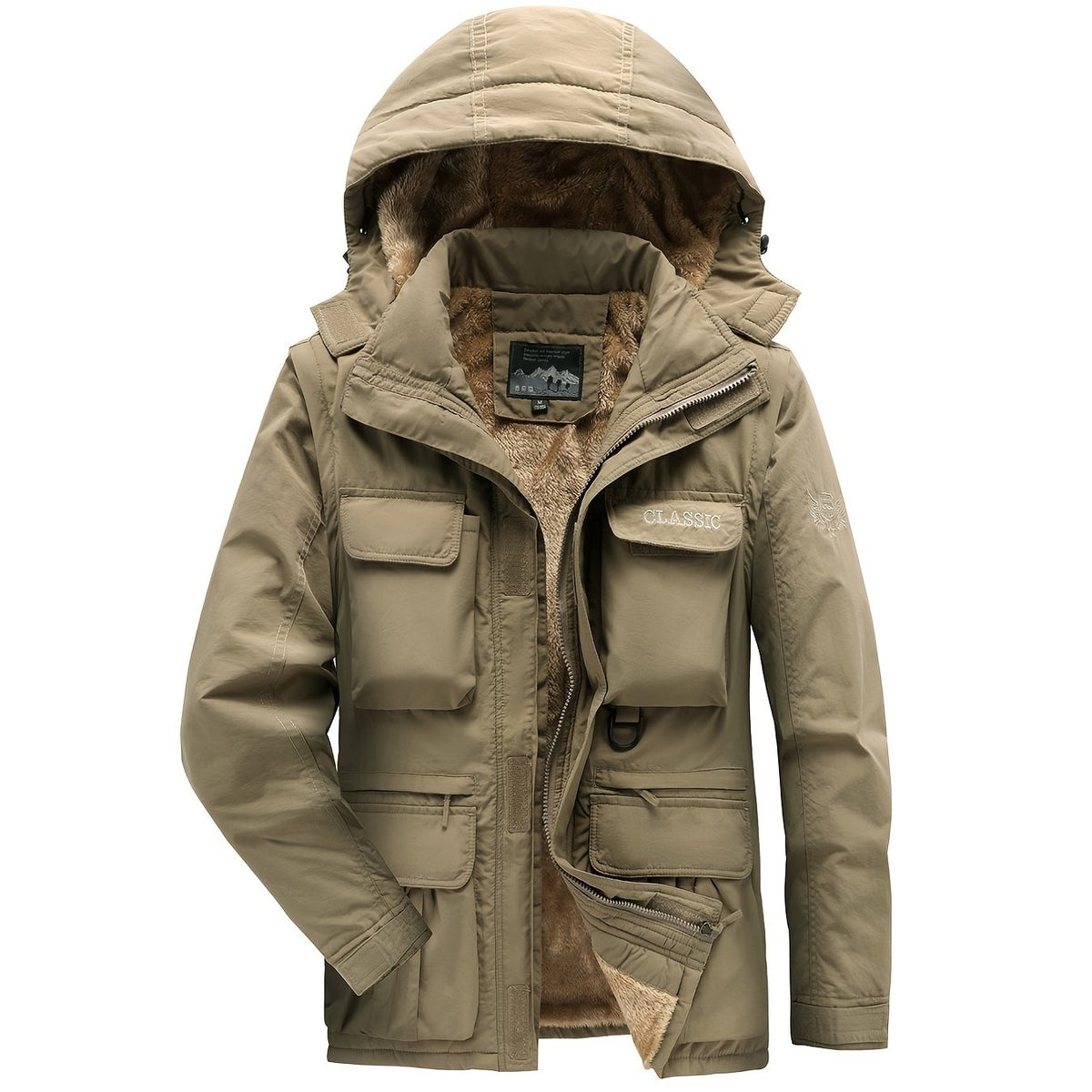 WarmthMax Cargo Jacket for Men - Fleece Lined, Removable Hood, Military Style, Water Resistant, Breathable, and Adjustable Fit for Outdoor Activities