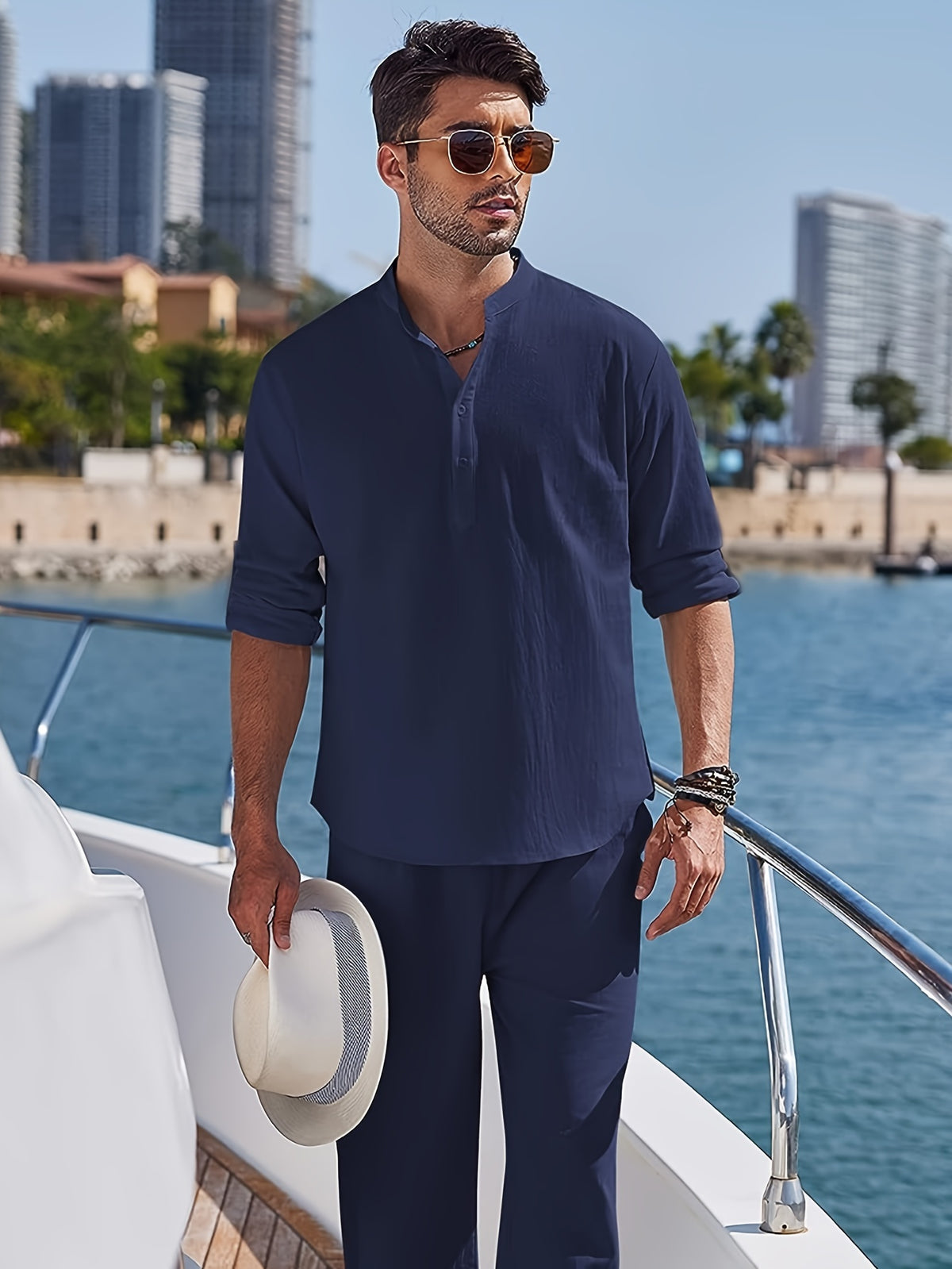 Men's Linen Blend Retro Henley Shirt Long Sleeve T-shirt Tee, Casual Comfy Shirts For Men Spring Summer Autumn, Men's Clothing Tops For Beach Yoga