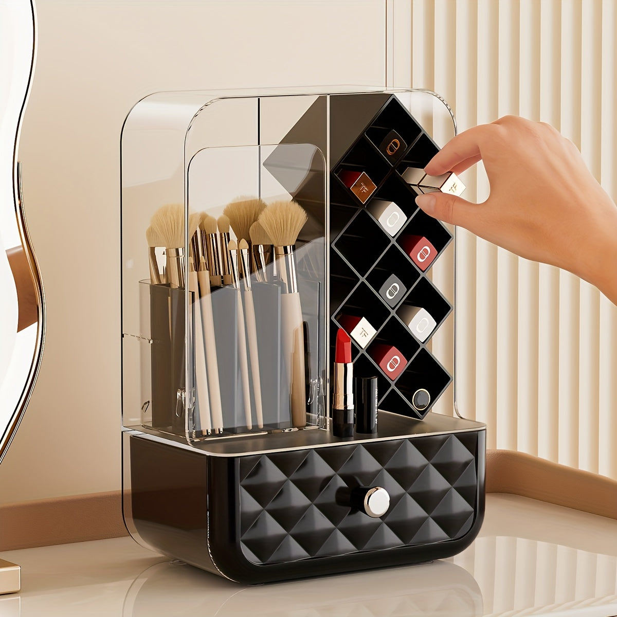 1pc Transparent Flip-Top Makeup Brush & Lipstick Storage Box, Thick Plastic Large Capacity with Drawers, Multi-Functional Cosmetic Organizer for Vanity Table, Makeup Storage Box, Makeup Organizer Storage