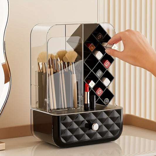 1pc Transparent Flip-Top Makeup Brush & Lipstick Storage Box, Thick Plastic Large Capacity with Drawers, Multi-Functional Cosmetic Organizer for Vanity Table, Makeup Storage Box, Makeup Organizer Storage