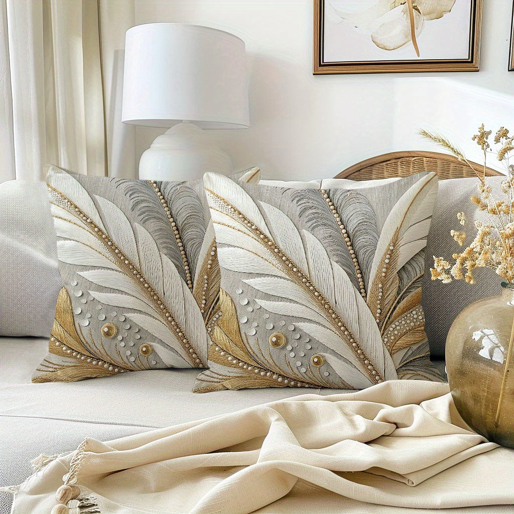 4pcs Luxury Short Plush Pearl-Encrusted Feather Throw Pillow Covers 45.72x45.72 cm, Grey & Golden Elegant Decor, Zippered Polyester Cushion Covers for Sofa Couch Porch Patio Living Room Outdoor, No Inserts Included, Cushion Covers for Living Room, Pearlf