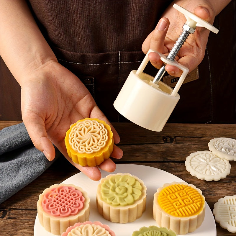 A Set of Flower-Printed Mooncake Molds with 6 Stamps, Manual Pressing Cookie Stamps, Mooncake Maker, Mid-Autumn Festival Baking Tools, Kitchen, Cookie Stamps For Baking
