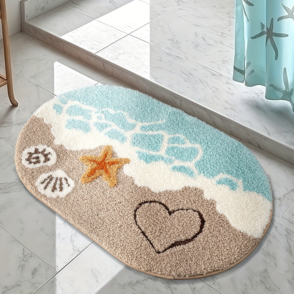 1pc Dajiang Oval Plush Bath Mat - Non-Slip, Absorbent, Beach-Themed with Starfish & Heart Design, Soft Polyester & TPR Backing, Machine Washable, Ideal for Bathroom & Home Decor, Spring/Summer Seasonal Decoration, Bathroom Mat, Bathroom Flooring Whole Fl
