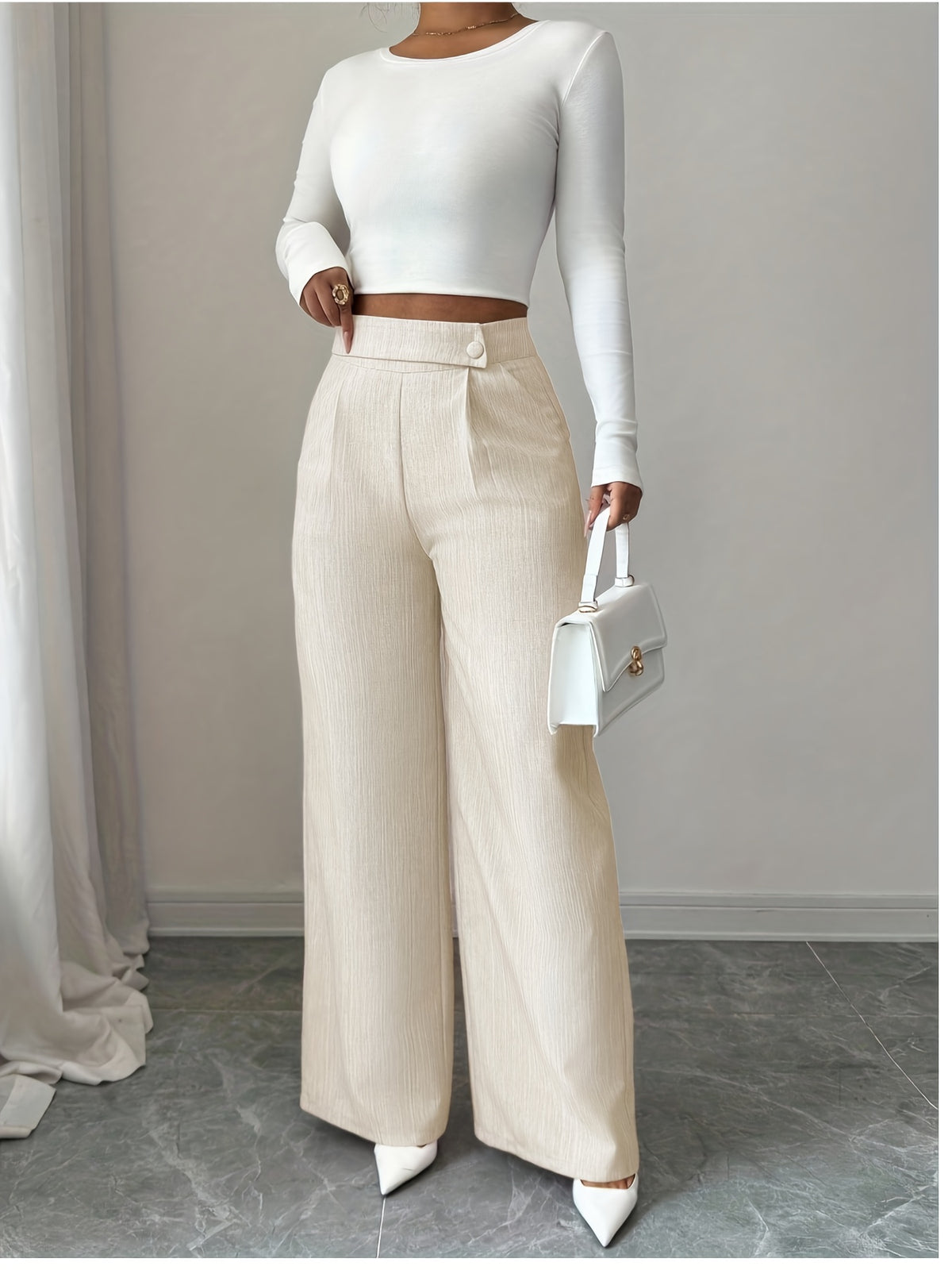Pocket Zipper Button Wide-leg Pants, Elegant Solid-color Straight-leg Suit Pants for Spring and Autumn, Women's Clothing