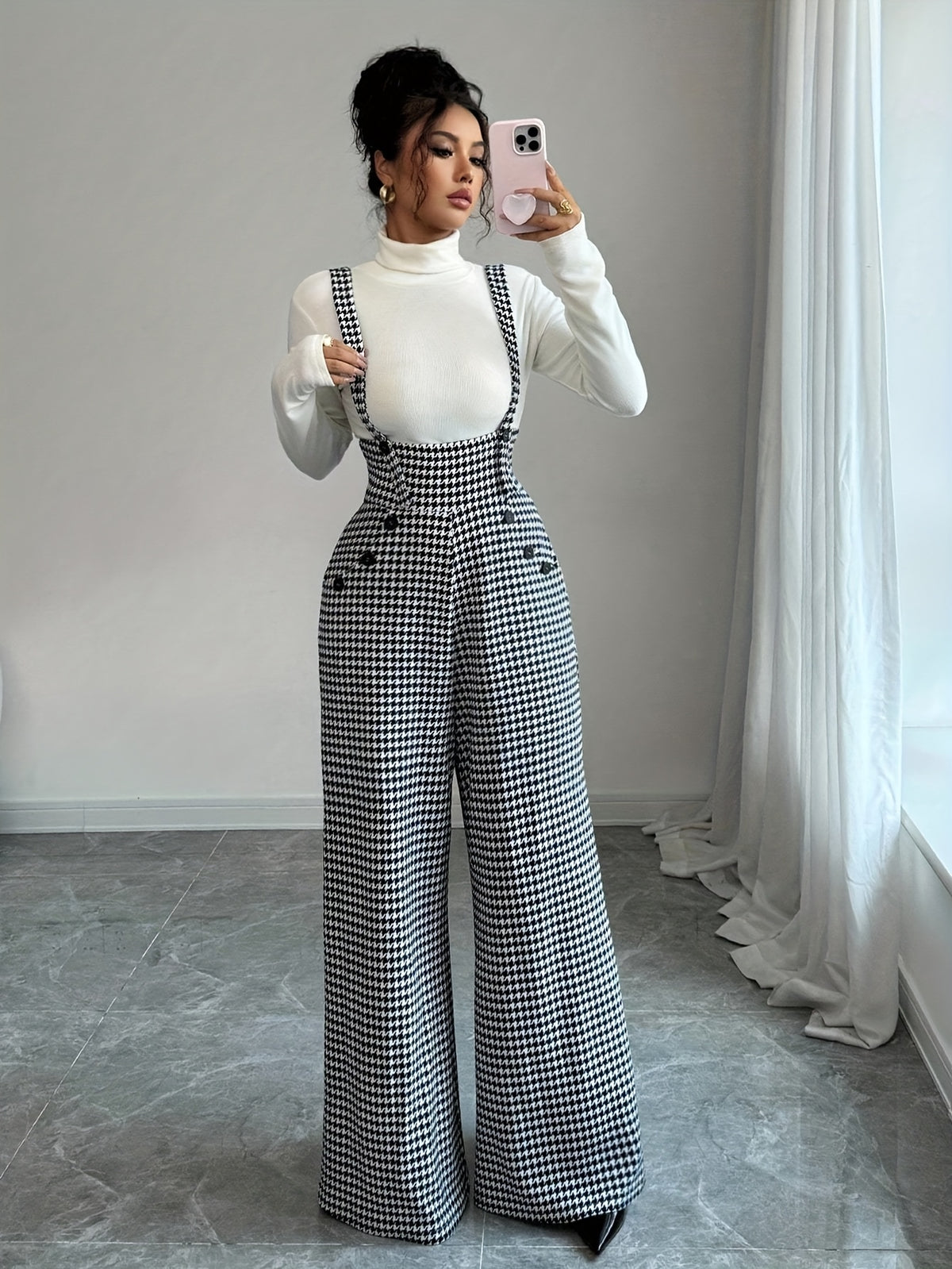 Elegant Women's Houndstooth Print Spaghetti Strap Wide-Leg Jumpsuit