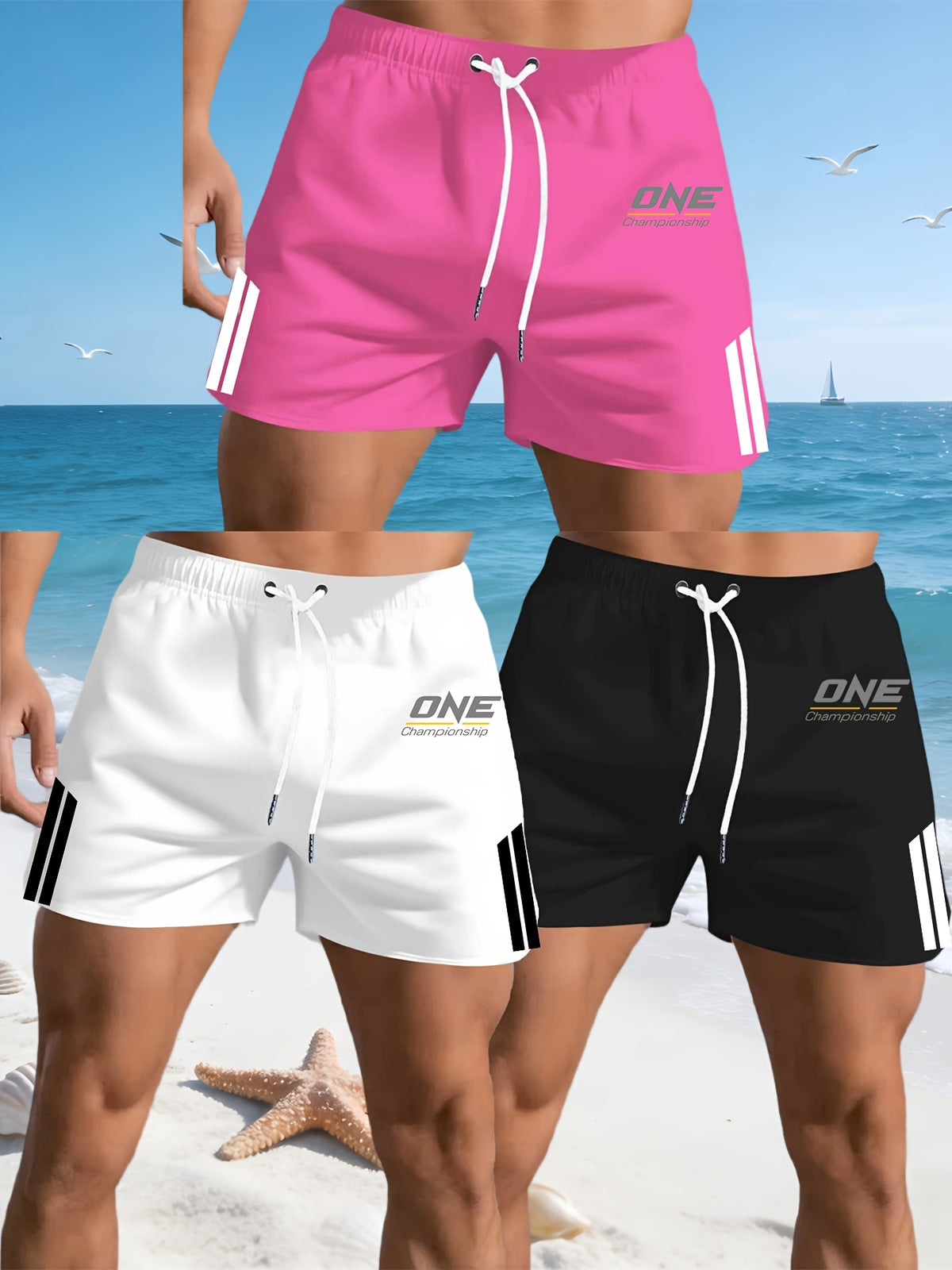 Men'S Summer Set of Three Beach Shorts Made from Soft Polyester Fabric