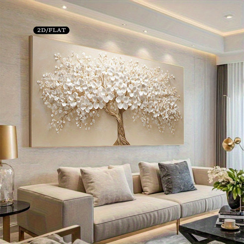 2D Flat, 1pc Extra Large Frameless Canvas Wall Art - Modern Minimalist Japanese Floral Poster, Beige Background with Realistic Tree Branches, Large Living Room Bedroom Decor, Housewarming Gift - Easy to Hang (27.5x55.1 Inches / 70x140cm), Home Decoration