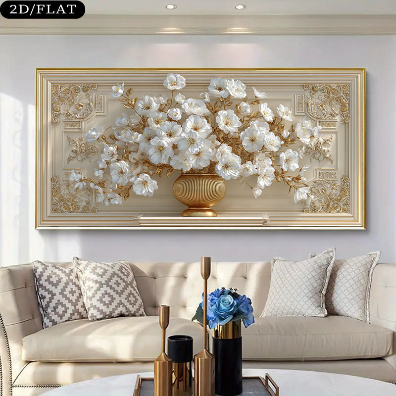 1pc Extra Large Modern Luxury Canvas Wall Art - Elegant White Flower Bouquet in Golden Vase, Frameless Modern Decor for Living Room, Bedroom, Office - Easy To Hang High-quality Print, Large Canvas Wall Art, Bedroom Decoration, Contemporary Design