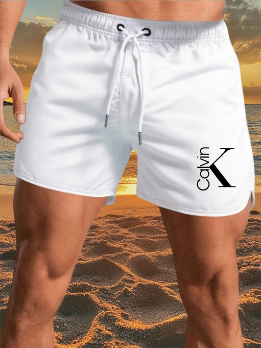 Calvin'S Letter-Patterned Men'S Quick-Dry Beach Shorts Are Essential for Tropical Vacations And Outdoor Activities. They Are Versatile for Summer Beach Outfits, Featuring a Comfortable Elastic Waistband That Doesn'T Constrict, Is Durable