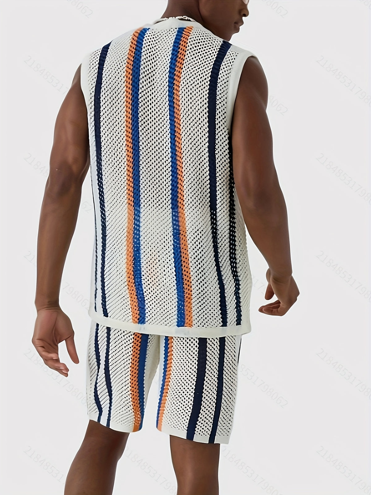 Men's Sporty Casual Knit Set with White Mesh Fabric, Breathable and Sleeveless Design Striped Decoration, Trendy Leisure Style