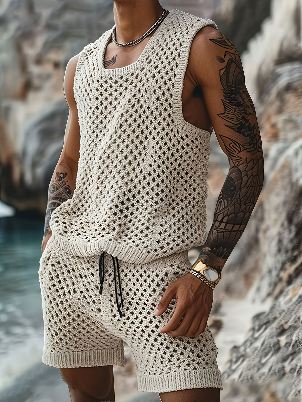 Men'S Casual Semi-Sheer Set, Featuring a Sleeveless Top And Shorts Made from Crochet. The Hollow Crochet Technique Gives a Easy And Relaxed Vibe to The Sleeveless Top, While The Shorts Come with a Drawstring Design