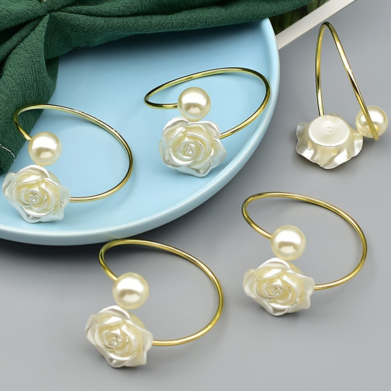 12/6/4/2pcs Pearl Napkin Rings - Floral Design with White Pearls & Golden-Tone Finish, Elegant Table Decor for Thanksgiving, Weddings, Banquets - Durable Plastic Kitchen & Dining Accessories, Wedding Table Decor | Pearl Embellishment | Brushed Metal Fini