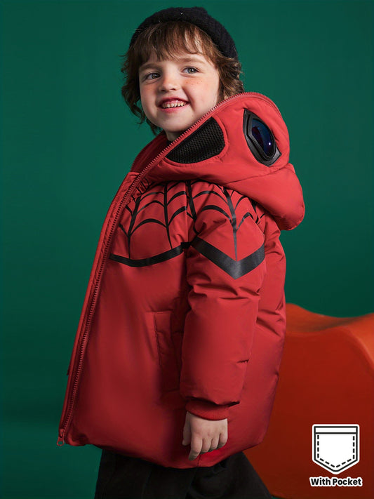 ASK JUNIOR Boys' Spider Pattern Hooded Jacket - 90% White Duck Down, Casual Style with Pockets, Long Sleeve, Drop Shoulder, Regular Fit for Winter Daily Wear & Themed Parties, Winter Coat, Playful Design, Durable Outerwear