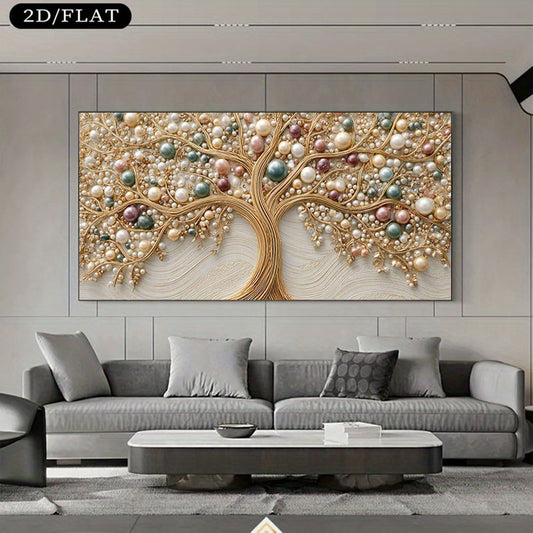 1pc 27.5x55.1in/70x140cm Large Frameless Modern Abstract Canvas Mural - Tree of Life Wall Art with Golden Accents, Realistic Pearl & Gemstone Design for Living Room, Bedroom, Corridor, Sofa Wall Hanging - Indoor/Outdoor Decor, Tree Decor, Bedroom Enhance