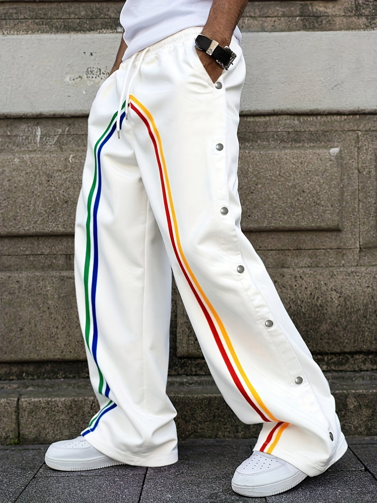 Men'S Easy Solid Color Spliced Front Lace-Up Casual Straight Trousers, Rainbow Stripes, Side Slits Design White Pants, Hip-Hop Loose Pants, for Husband, Boyfriend Gift Retro Men'S Pants Men'S Sports Pants Streetwear Pants