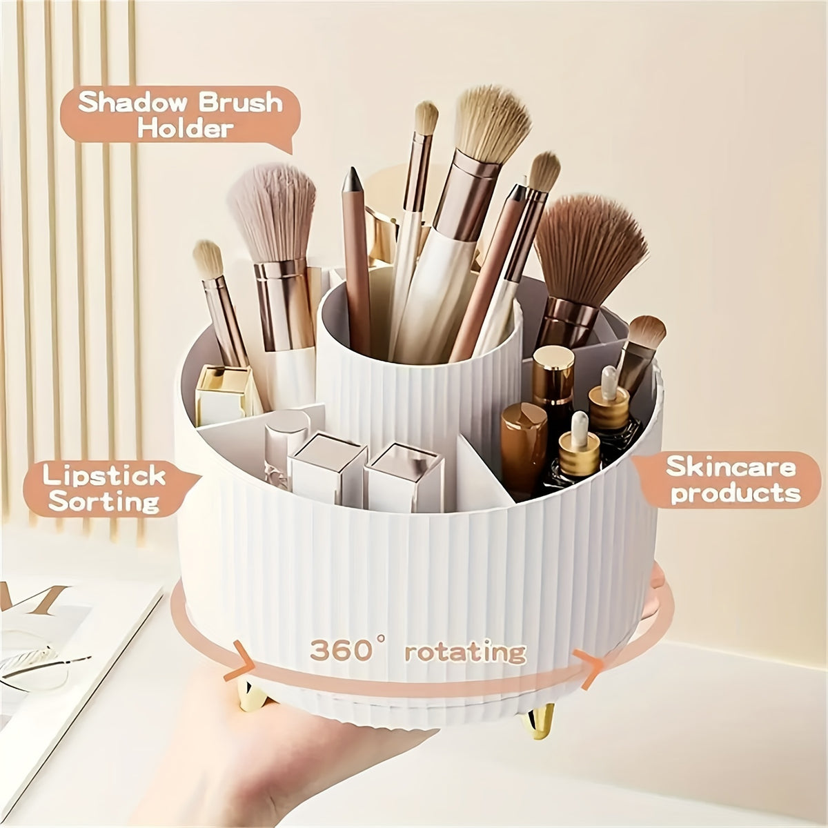 1pc ABERZEY 360° Rotating Makeup Organizer - 5-Compartment Durable Plastic Cosmetic & Desk Storage with Luxury Stripe Design, Freestanding No-Power Rotating Caddy for Brushes, Lipsticks, Skincare, Stationery, Makeup Brush Holder, Sleek Modern Look, Goldt