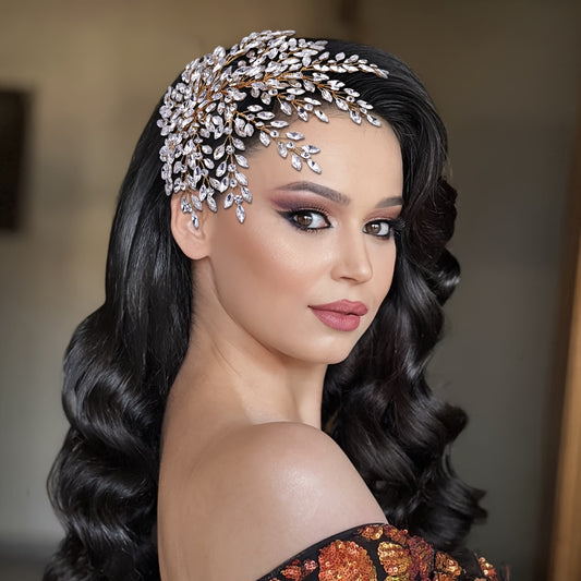 Elegant Bohemian-Inspired Leaf & Floral Headpiece with Sparkling Rhinestones - Curved Hairband for Weddings, Parties, and Formal Events, Wedding Hairpiece | Floral Hairband | Sparkling Embellishments, Wedding Hair Accessories