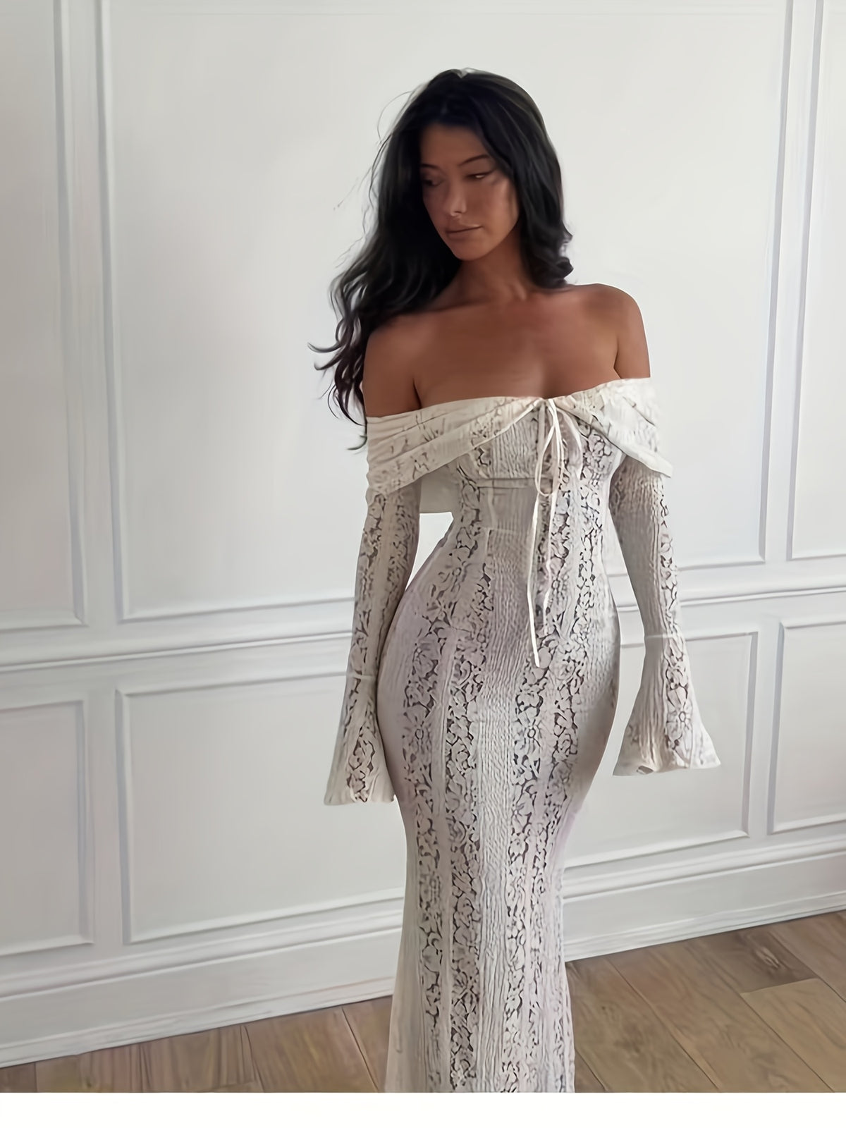 Women'S Elegant Off-Shoulder/One-Shoulder Mermaid/Trumpet Dress with Lace-like Sleeve & Back - Long Formal Evening Gown, A-Line Silhouette, All-Season Party Wedding Guest