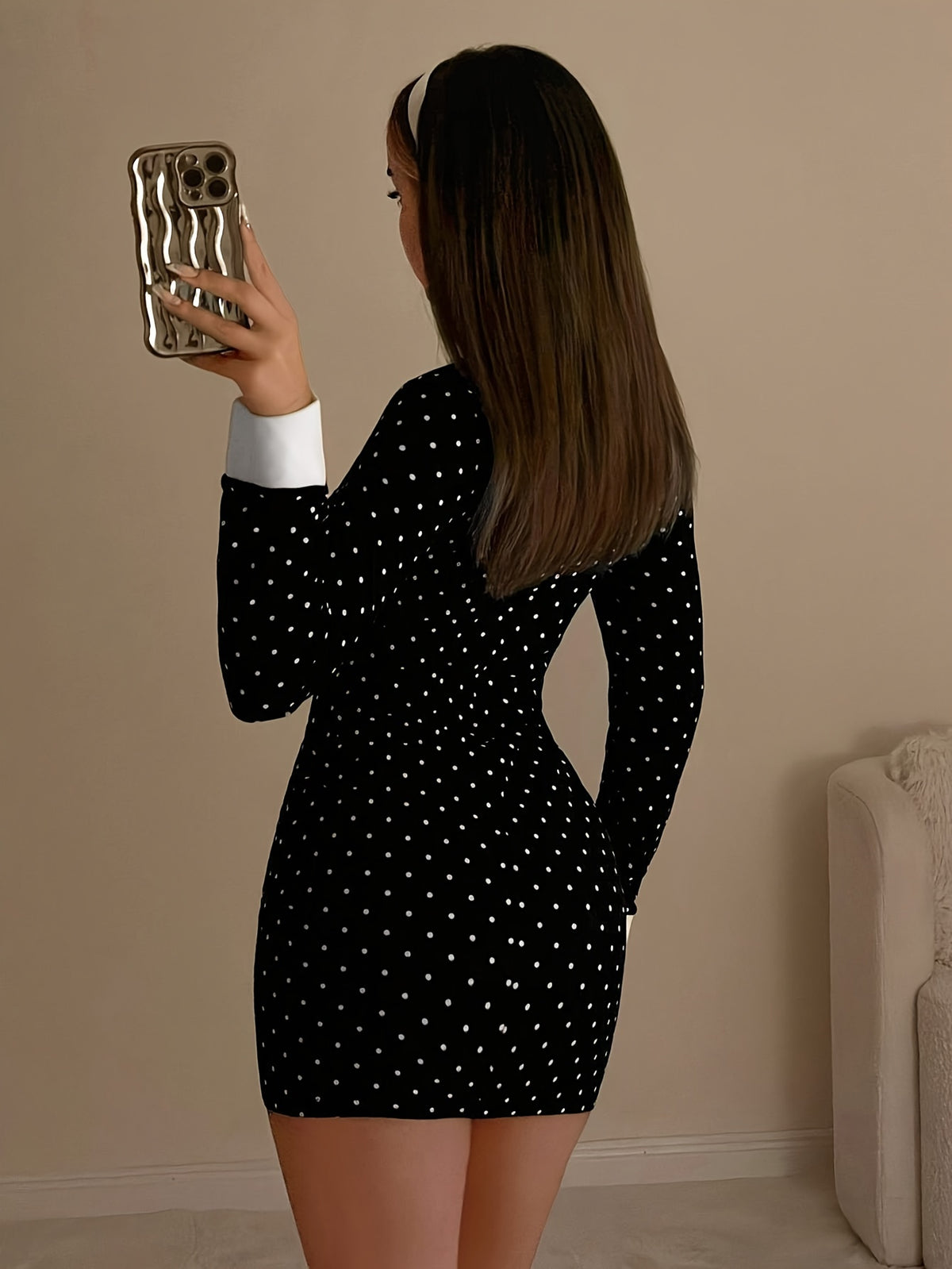Print Women's Polka Dot Mini Dress with Contrast Collar - Bodycon Fit, Machine Washable