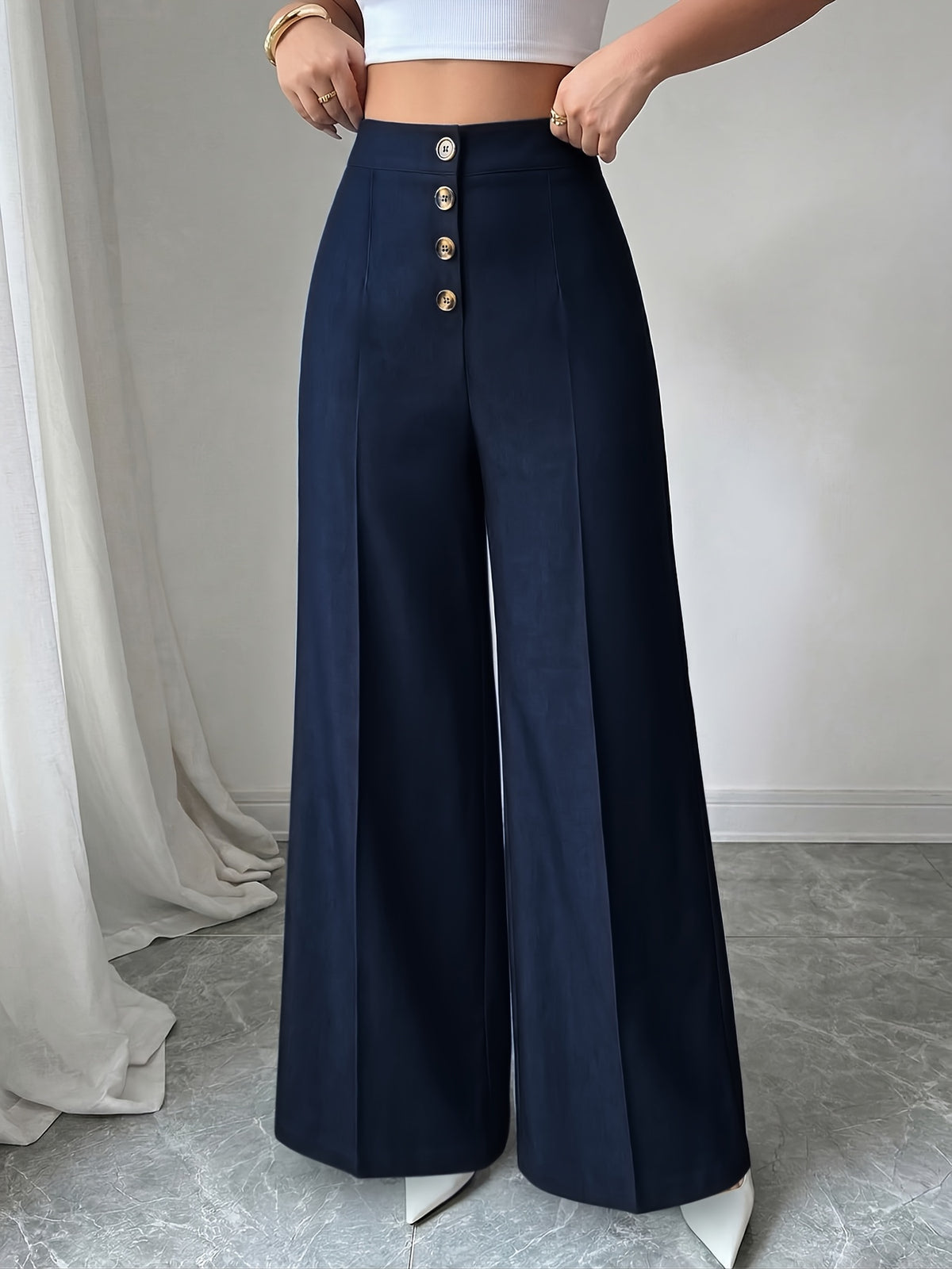 Women's New High Waisted Blue Straight Leg Pants with a Single Breasted Front, Simple, Elegant and Fashionable Pants