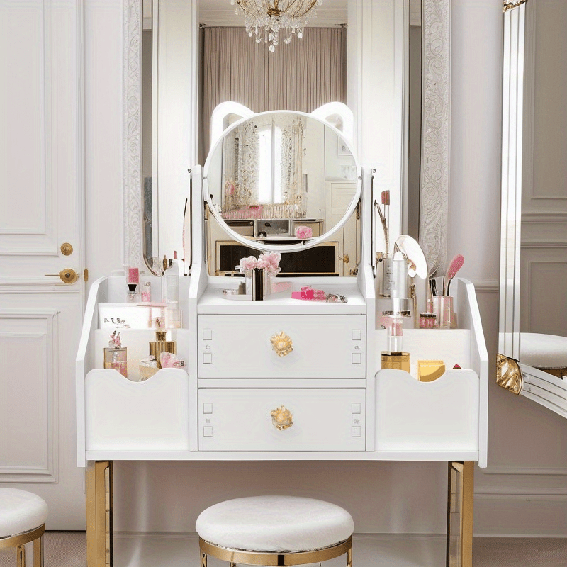 1pc Elegant White Makeup Storage Box with Golden Handle - Multi-Compartment Vanity Organizer with Decorative Drawer & Polished Surface, Space-Saving Countertop Design for Bathroom, Dressing Room, Makeup Table - Durable Plastic Cosmetic Organizer for Skin
