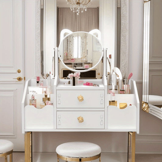 1pc Elegant White Makeup Storage Box with Golden Handle - Multi-Compartment Vanity Organizer with Decorative Drawer & Polished Surface, Space-Saving Countertop Design for Bathroom, Dressing Room, Makeup Table - Durable Plastic Cosmetic Organizer for Skin