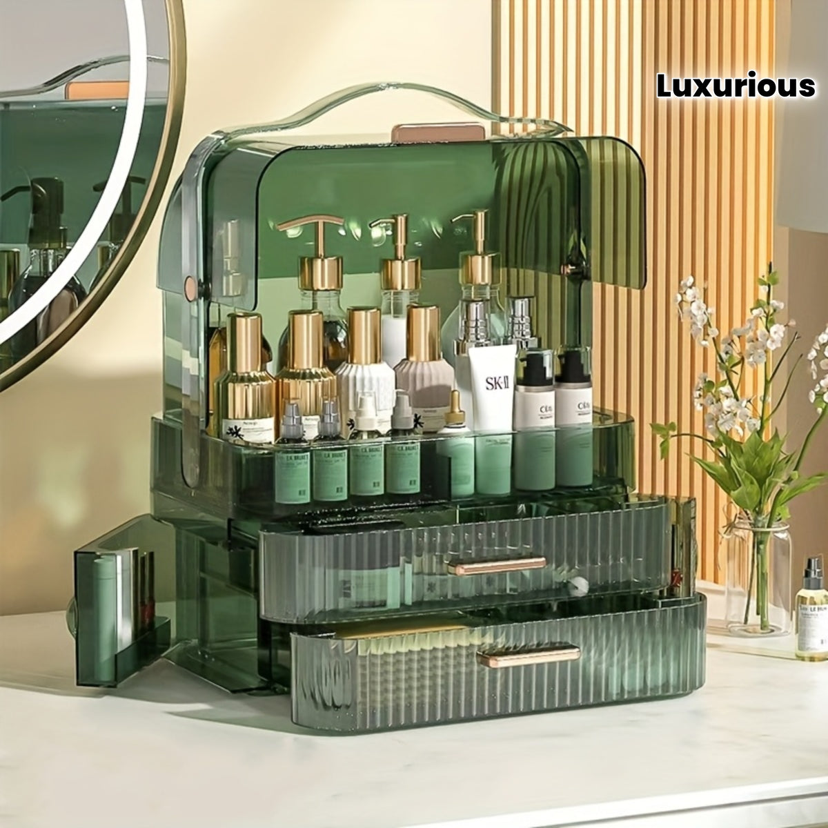 1pc Luxurious Desktop Storage Box, Multifunctional Dustproof Storage Box With Drawer & Lid, Large Capacity Acrylic Cosmetic Storage Box, Home Storage And Organization, Makeup Organizer, Vanity Organizer