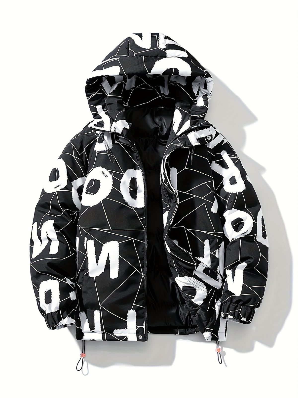 Men'S Heavyweight Hooded Jacket - Black with White Letter Pattern, Full-Zip Front Closure, Loose Fit Winter Coat for Cold Weather, Urban Streetwear Outerwear, Winter Jacket, Casual Outerwear, Durable Fabric, Long Sleeve Coat, Streetwear Lovers