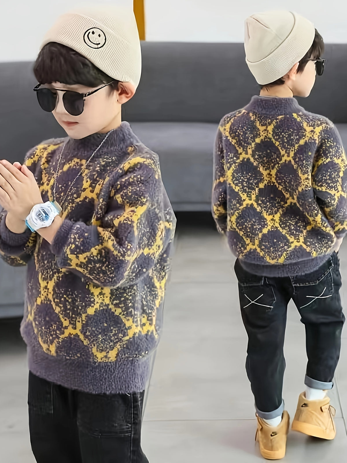 Boys' Cozy Faux Mink Fleece Sweater - Casual Pullover with Geometric Pattern, Perfect for Fall/Winter, 2024 New, Base Layer, Youngsters