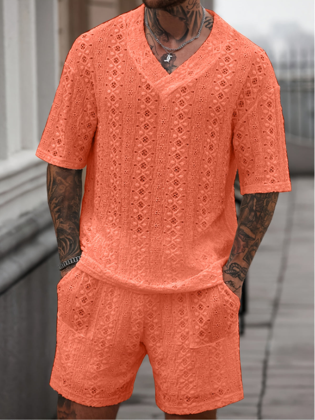 Men'S Knitted Textured Pattern T-Shirt Set Men'S V-Neck Knitted Textured Short-Sleeved Breathable T-Shirt Set Men'S Two-Piece Summer Crochet Two-Piece Set Men'S 2pcs Set Men'S Summer Set