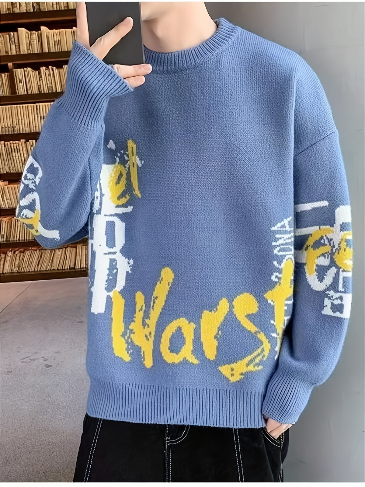 Men'S Sweater - Dark Grey & Yellow Letter Graphic Pullover, Relaxed Fit Long Sleeve Knit Sweater for Fall/Winter, Layering Essential Casual Formal Outfits - Ideal Gift for Men, Knit Sweater, Winter Clothing, Drop Shoulder Design, Comfortable Wear, Fall F