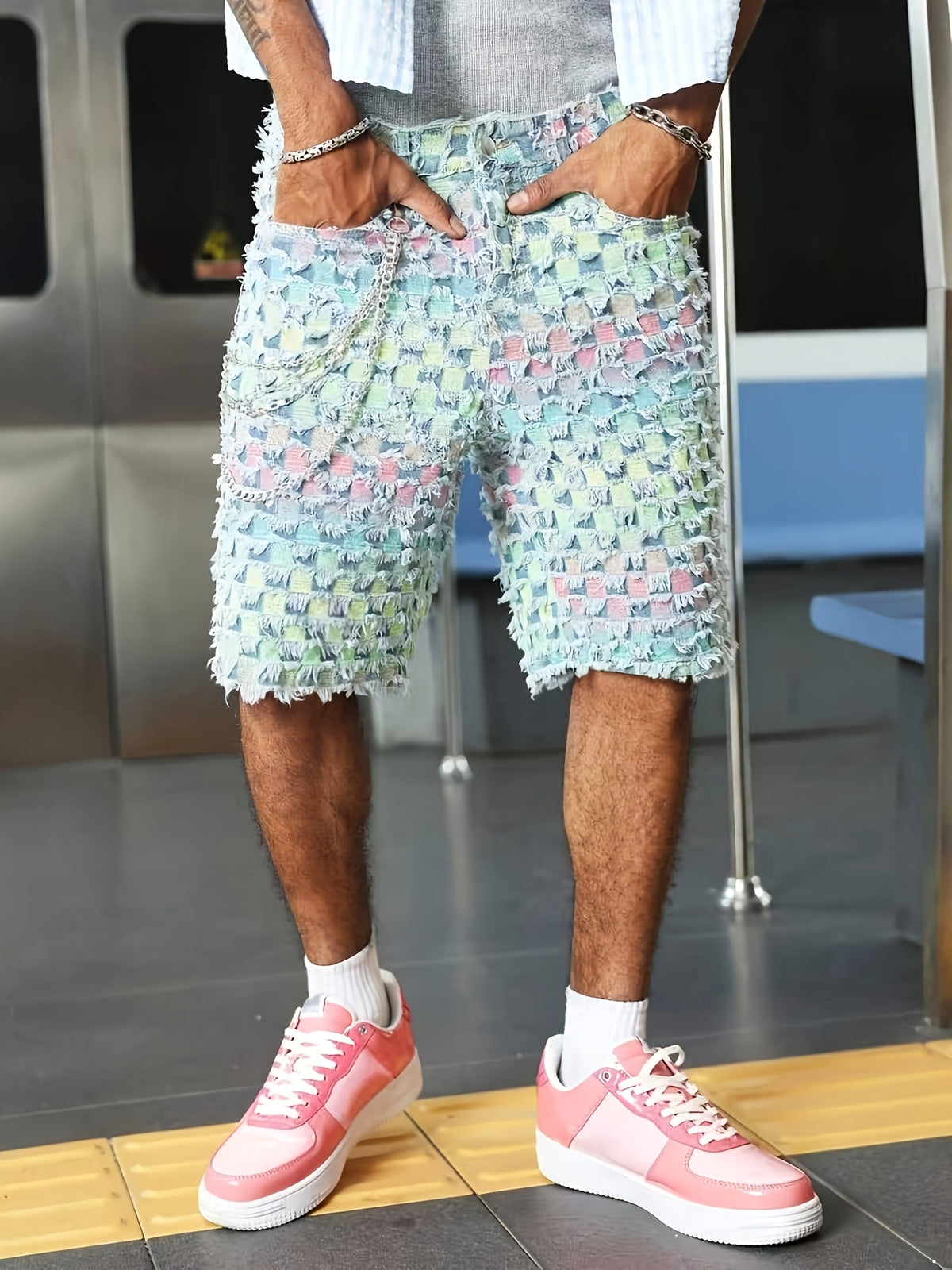 Men'S Summer Color-Blocked Plaid Frayed Non-Stretch Denim Shorts