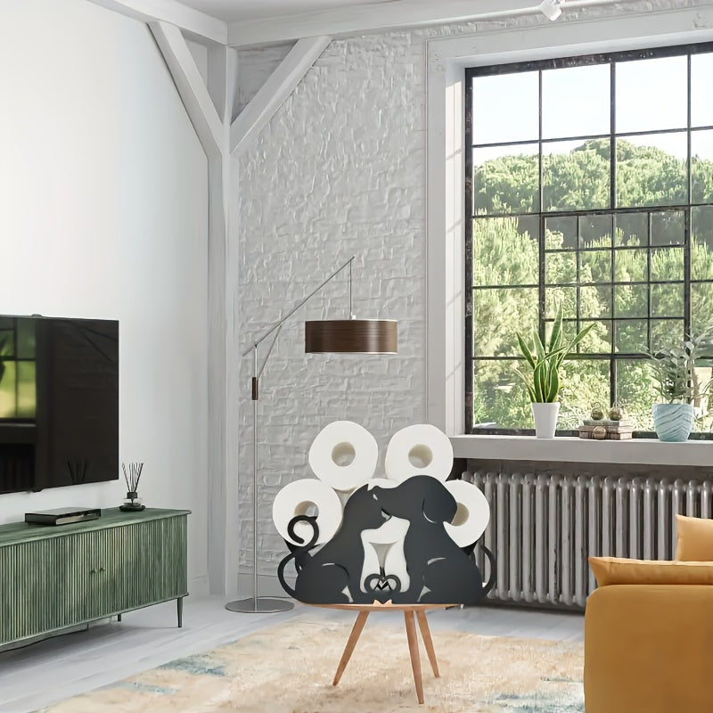 Powder-Coated Iron Cute Poodle Couple Toilet Paper Holder - Freestanding/Adhesive Bathroom & Kitchen Tissue Roll Dispenser, No Drill Installation, Dog-Themed Home Storage Accessory for Pet Lovers (Black/White)