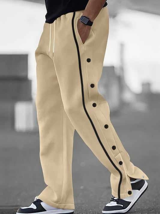 Men's -Lined Casual Pants for Autumn and Winter, Color-Blocked Striped Straight-Leg Trousers with Button Placket