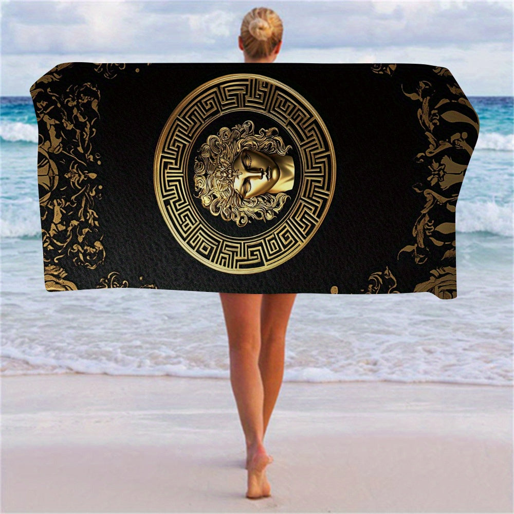 1pc Extra Soft Quick-Absorbent Luxury Greek Medusa Beach Towel - Large Quick-Dry Bath Towel (29.5x59 Inches/74x150cm), Elegant Black & Golden Greek Mythology design with Medusa for Pool, Travel, Spa - Perfect Luxury Gift for Women & Men, Poolside Accesso