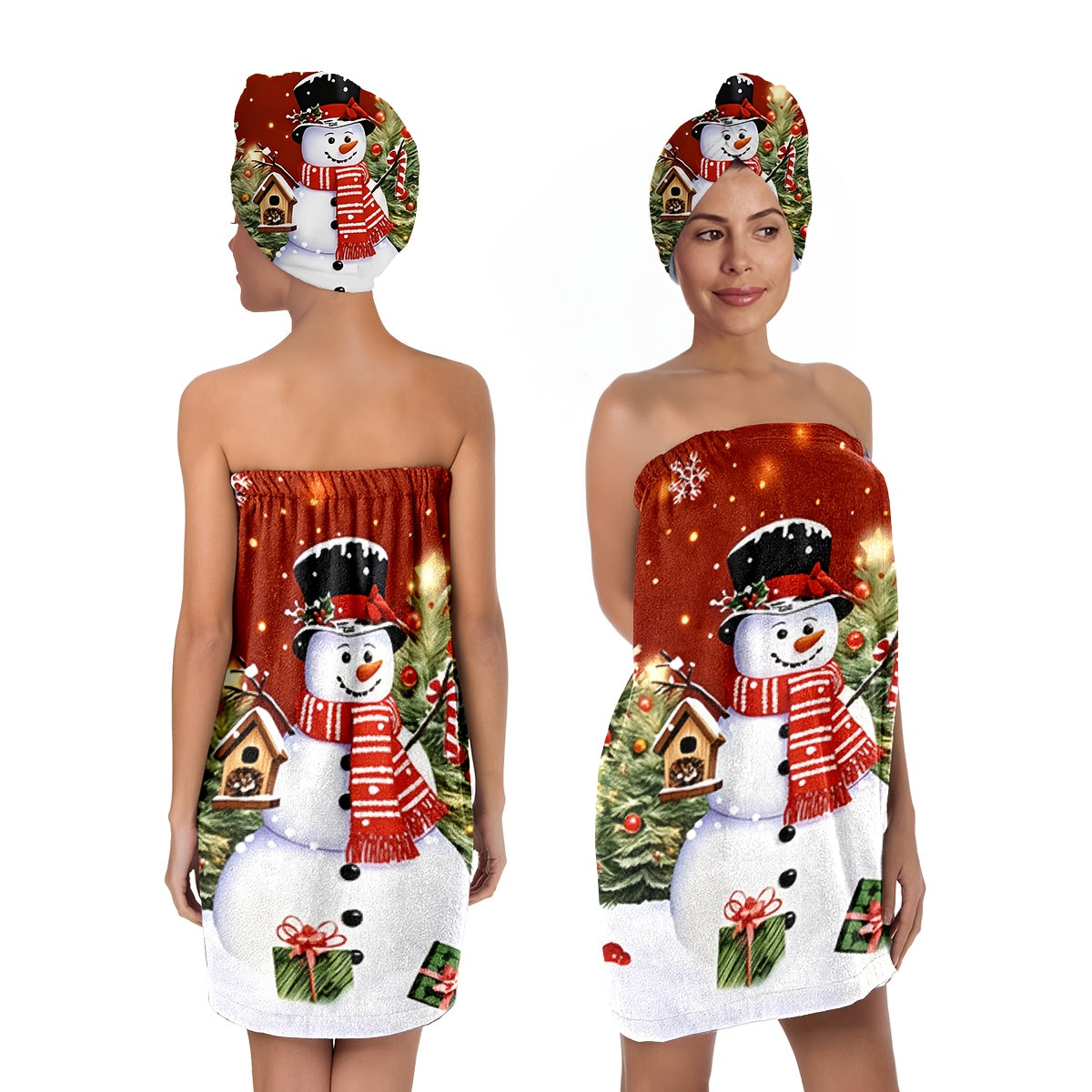 2pcs Women's Christmas Snowman & Snowflake Bathrobe Set with Adjustable Hat - Red & White Winter Print Microfiber Bath Skirt for Spa, Shower, Beach | Cozy Holiday Bathroom Outfit with Pom-Pom Trim & Snowman Face Design